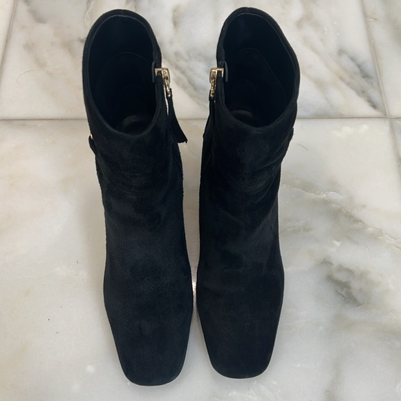 SAM EDELMAN Square Toe Ankle Bootie. SZ 7.5. Color Black Suede. Gold Hardware. - Picture 5 of 8